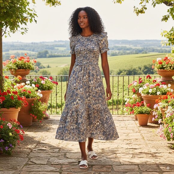 EN SAISON Loire Tiered Smocked Midi-Dress - Picture 1 of 5